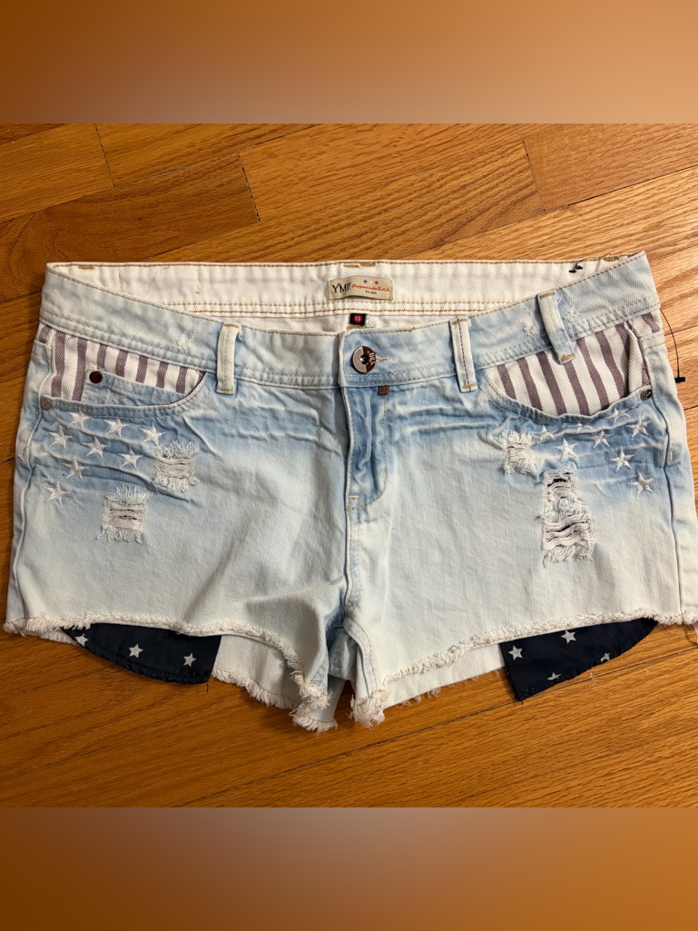 Y2K YMI Americana Stars & Stripes Light Blue Distressed Denim Mini Shorts